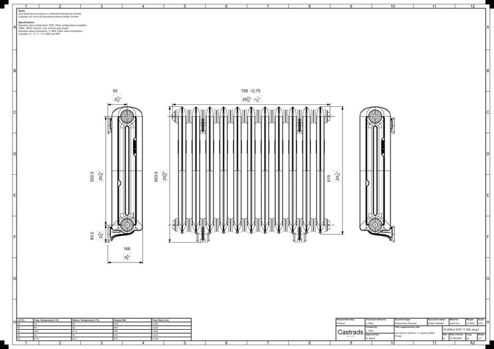 Emmeline II - Chalk White Cast Iron Column Radiator H613mm x W762mm 2 Column - Wall Hung