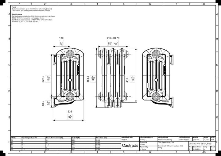 Emmeline III - Ceramic White Cast Iron Column Radiator H416mm x W230mm 3 Column - Wall Hung