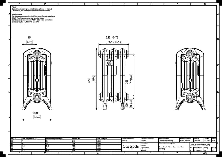 Emmeline III - Astral Grey Mid Cast Iron Column Radiator H470mm x W230mm 3 Column - Floor Standing