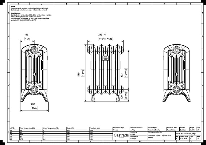 Emmeline III - Pebble Grey Cast Iron Column Radiator H470mm x W296mm 3 Column - Floor Standing