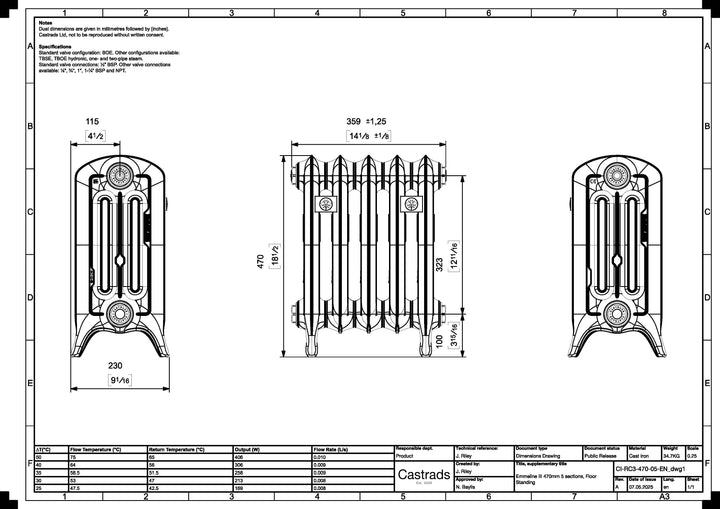 Emmeline II - Anthracite Cast Iron Column Radiator H470mm x W363mm 2 Column - Floor Standing