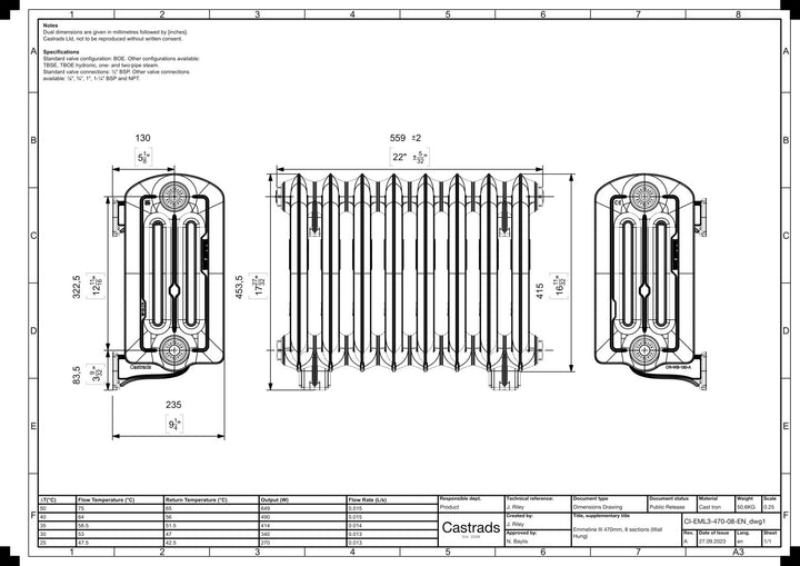Emmeline III - Ceramic White Cast Iron Column Radiator H416mm x W562mm 3 Column - Wall Hung