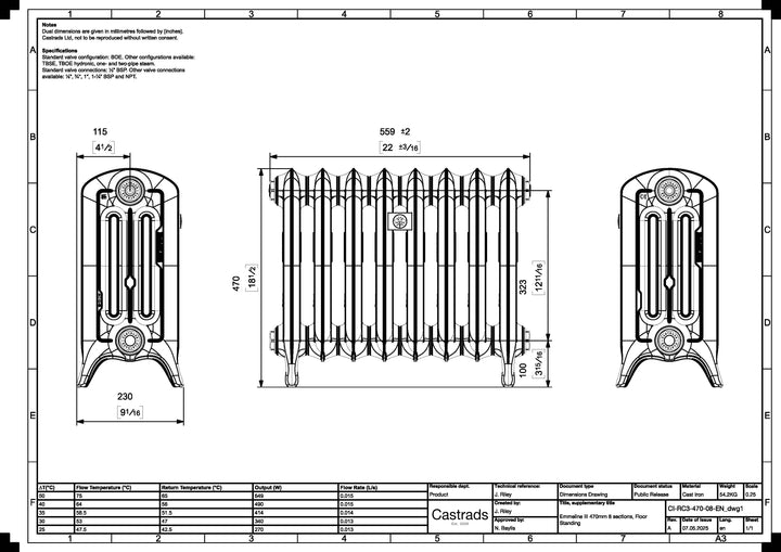Emmeline III - Astral Grey Dark Cast Iron Column Radiator H470mm x W562mm 3 Column - Floor Standing