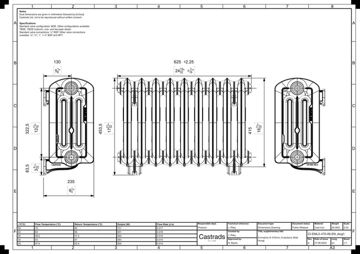 Emmeline III - Ceramic White Cast Iron Column Radiator H416mm x W629mm 3 Column - Wall Hung