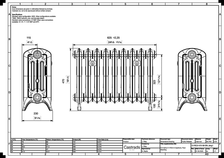 Emmeline III - Pencil Grey Cast Iron Column Radiator H470mm x W629mm 3 Column - Floor Standing