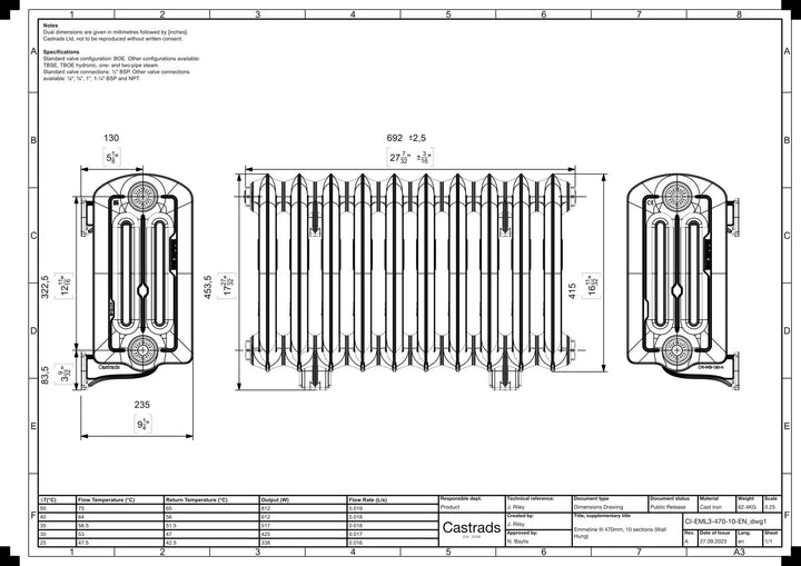 Emmeline III - Ceramic White Cast Iron Column Radiator H416mm x W695mm 3 Column - Wall Hung