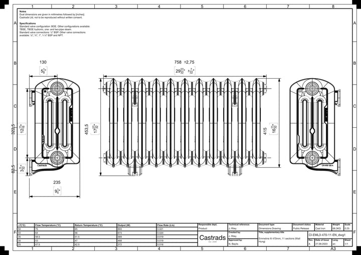 Emmeline III - Ceramic White Cast Iron Column Radiator H416mm x W762mm 3 Column - Wall Hung