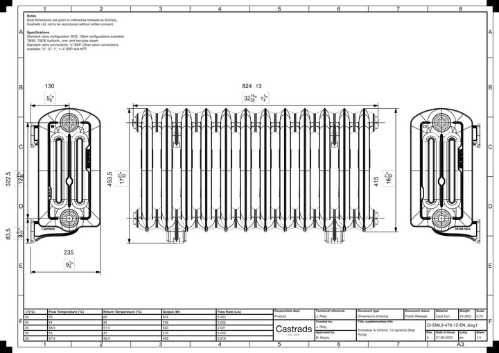 Emmeline III - Ceramic White Cast Iron Column Radiator H416mm x W828mm 3 Column - Wall Hung