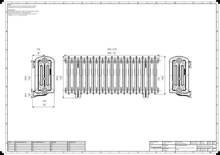 Emmeline III - Ceramic White Cast Iron Column Radiator H416mm x W1028mm 3 Column - Wall Hung