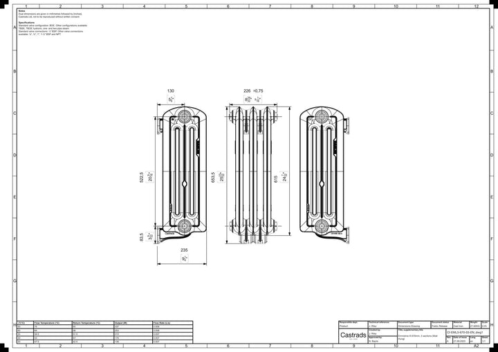 Emmeline III - Ceramic White Cast Iron Column Radiator H616mm x W230mm 3 Column - Wall Hung