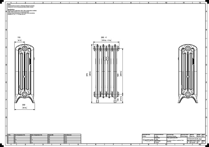 Emmeline III - Ceramic White Cast Iron Column Radiator H670mm x W296mm 3 Column - Floor Standing