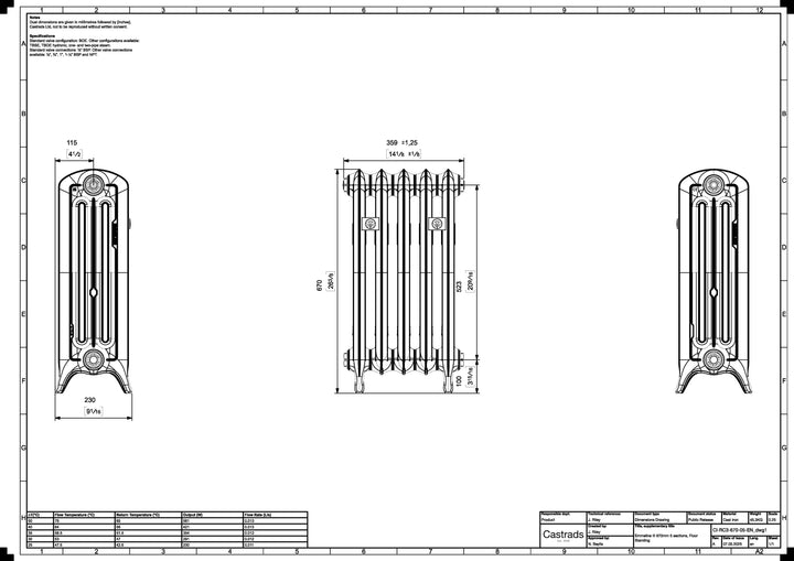Emmeline III - Ceramic White Cast Iron Column Radiator H670mm x W363mm 3 Column - Floor Standing
