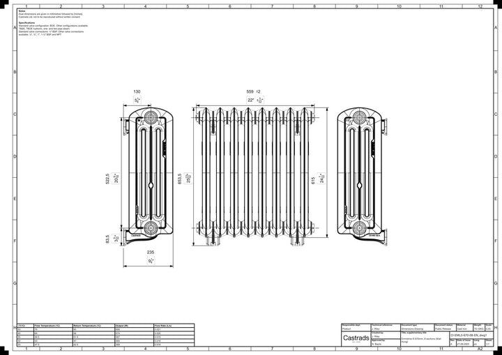 Emmeline III - Ceramic White Cast Iron Column Radiator H616mm x W562mm 3 Column - Wall Hung