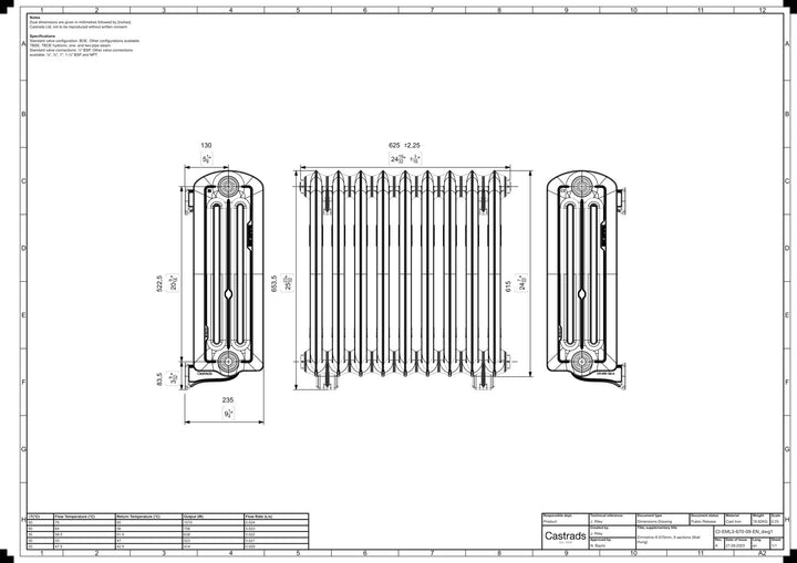 Emmeline III - Ceramic White Cast Iron Column Radiator H616mm x W629mm 3 Column - Wall Hung