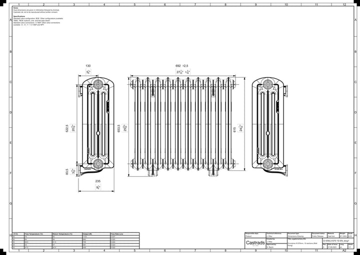 Emmeline III - Ceramic White Cast Iron Column Radiator H616mm x W695mm 3 Column - Wall Hung