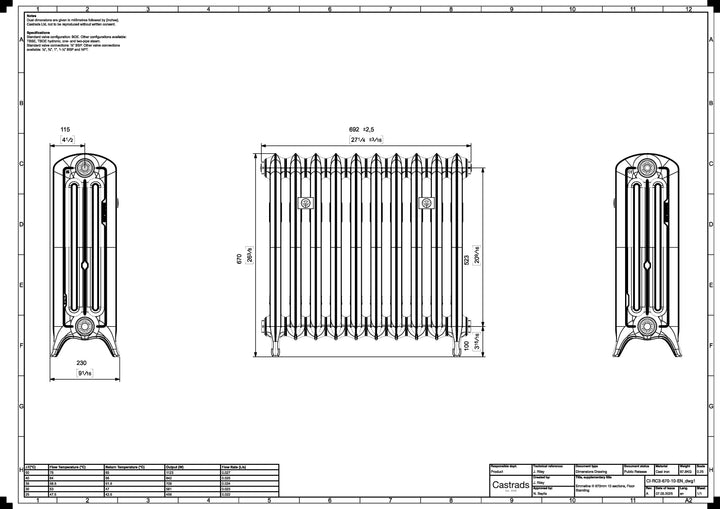 Emmeline III - Astral Grey Mid Cast Iron Column Radiator H670mm x W695mm 3 Column - Floor Standing