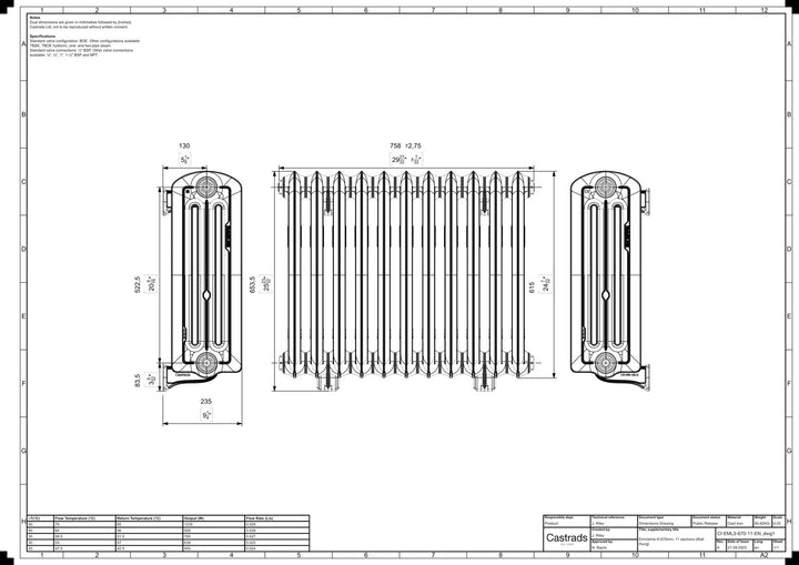 Emmeline III - Ceramic White Cast Iron Column Radiator H616mm x W762mm 3 Column - Wall Hung