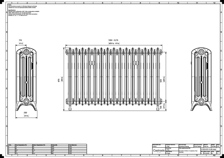 Emmeline II - Ceramic White Cast Iron Column Radiator H670mm x W1028mm 2 Column - Floor Standing
