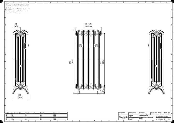 Emmeline 870mm high x 363mm wide 3 column floor standing cast iron column radiator technical drawing showing dimensions, installation measurements and specifications.