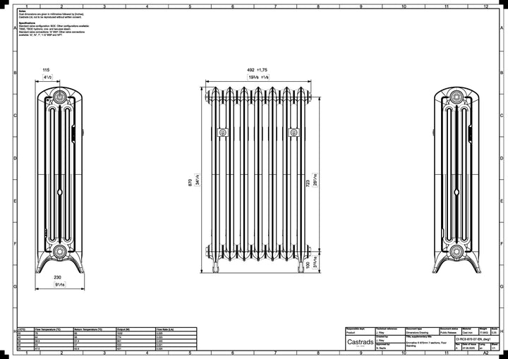 Emmeline III - Anthracite Cast Iron Column Radiator H870mm x W496mm 3 Column - Floor Standing
