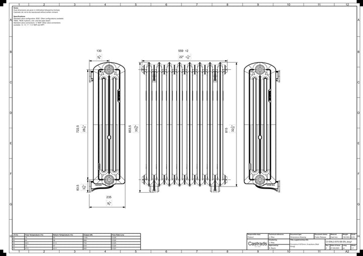 Emmeline III - Ceramic White Cast Iron Column Radiator H816mm x W562mm 3 Column - Wall Hung