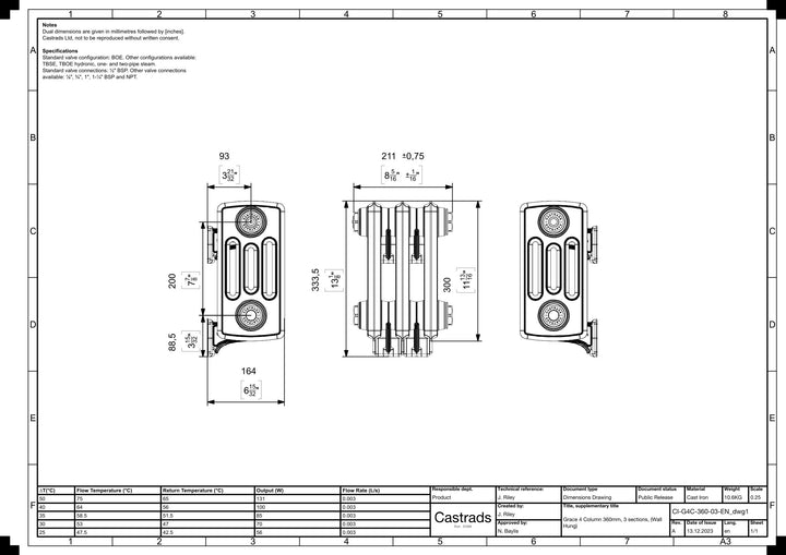 Grace - Ceramic White Cast Iron Column Radiator H300mm x W212mm 4 Column - Wall Hung