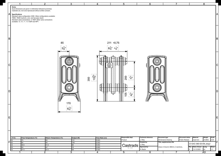Grace - Ceramic White Cast Iron Column Radiator H350mm x W212mm 4 Column - Floor Standing