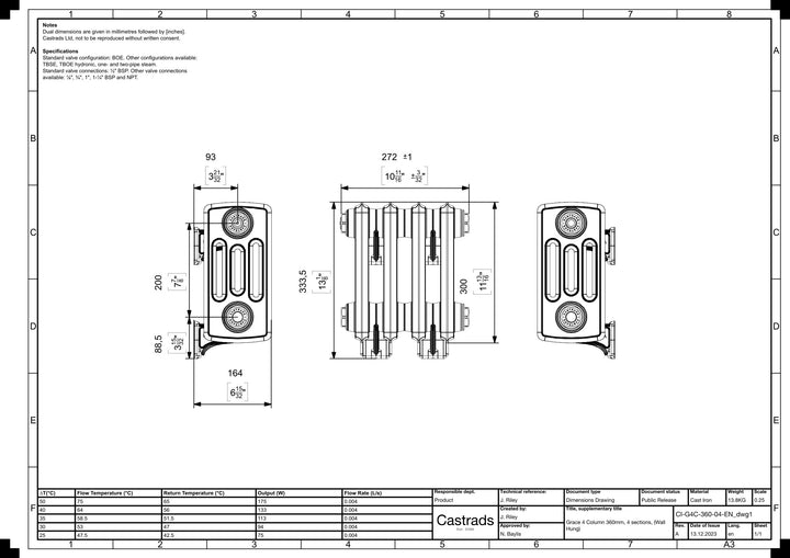 Grace - Anthracite Cast Iron Column Radiator H300mm x W272mm 4 Column - Wall Hung