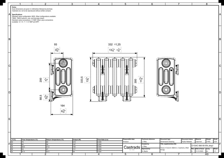 Grace - Ceramic White Cast Iron Column Radiator H300mm x W333mm 4 Column - Wall Hung