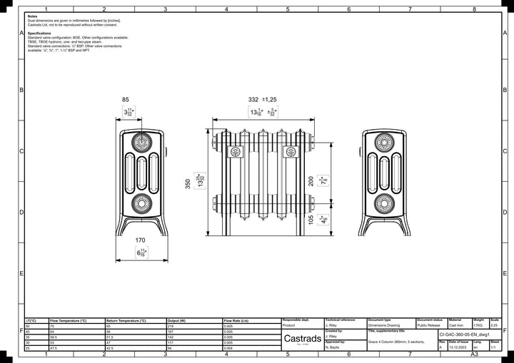 Grace - Ceramic White Cast Iron Column Radiator H350mm x W333mm 4 Column - Floor Standing