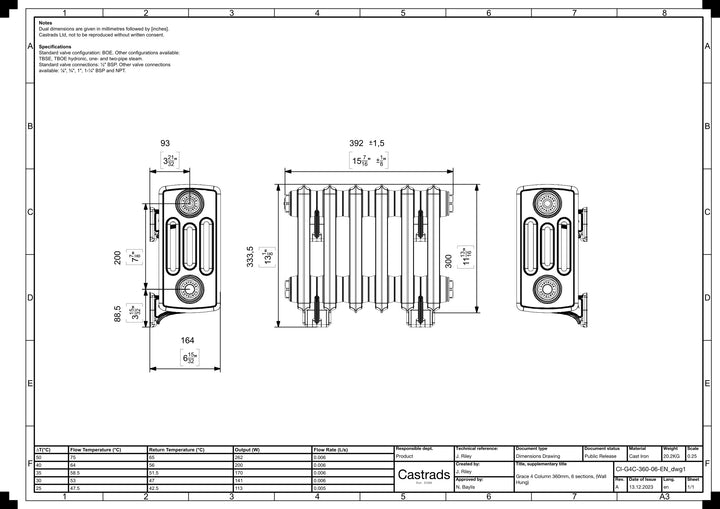 Grace - Anthracite Cast Iron Column Radiator H300mm x W393mm 4 Column - Wall Hung