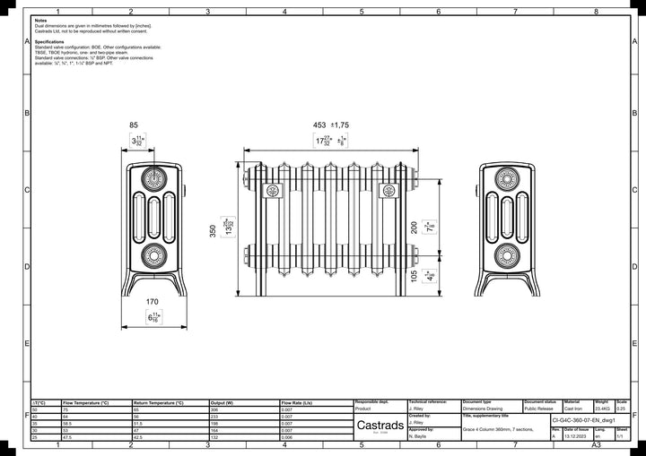 Grace - Ceramic White Cast Iron Column Radiator H350mm x W454mm 4 Column - Floor Standing