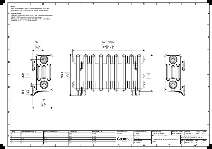 Grace - Anthracite Cast Iron Column Radiator H300mm x W575mm 4 Column - Wall Hung