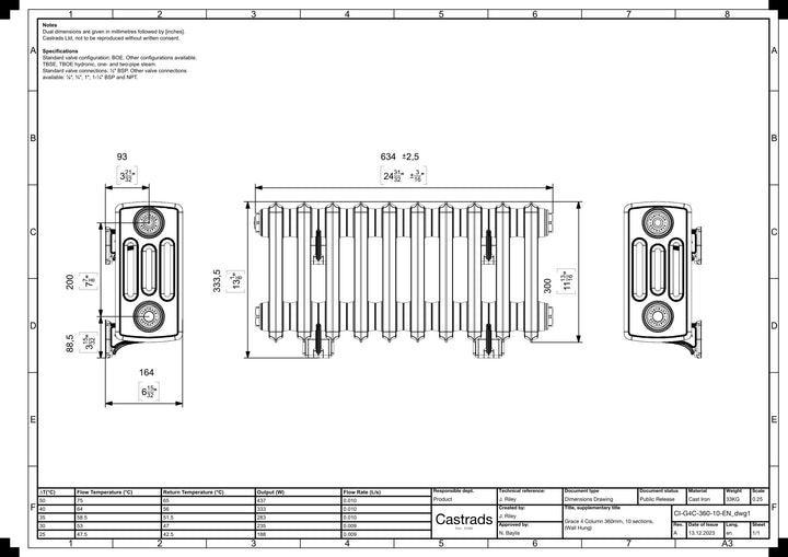 Grace - Anthracite Cast Iron Column Radiator H300mm x W635mm 4 Column - Wall Hung