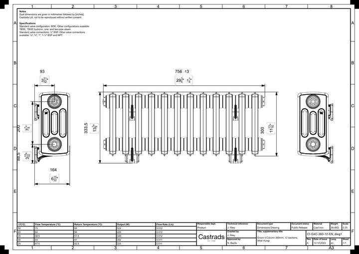 Grace - Ceramic White Cast Iron Column Radiator H300mm x W756mm 4 Column - Wall Hung