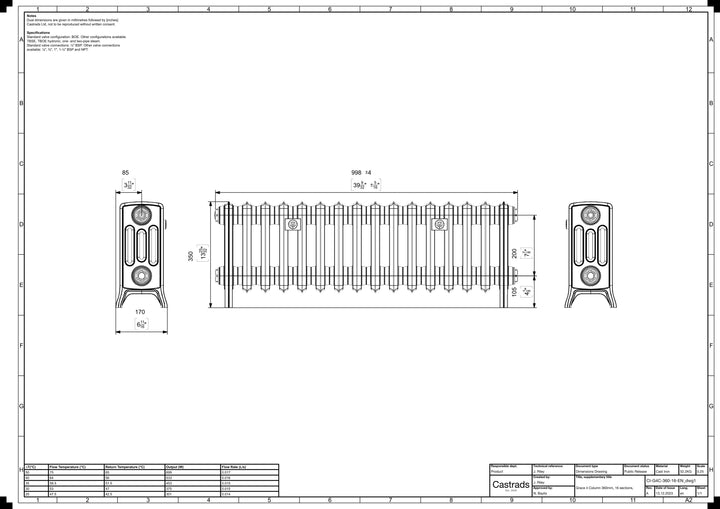 Grace - Ceramic White Cast Iron Column Radiator H350mm x W998mm 4 Column - Floor Standing