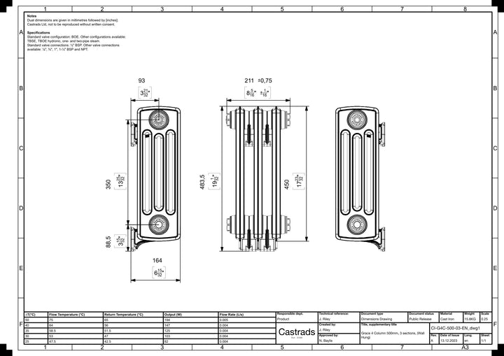 Grace - Anthracite Cast Iron Column Radiator H450mm x W212mm 4 Column - Wall Hung