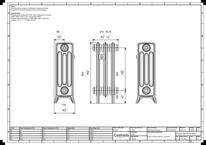 Grace - Ceramic White Cast Iron Column Radiator H500mm x W212mm 4 Column - Floor Standing