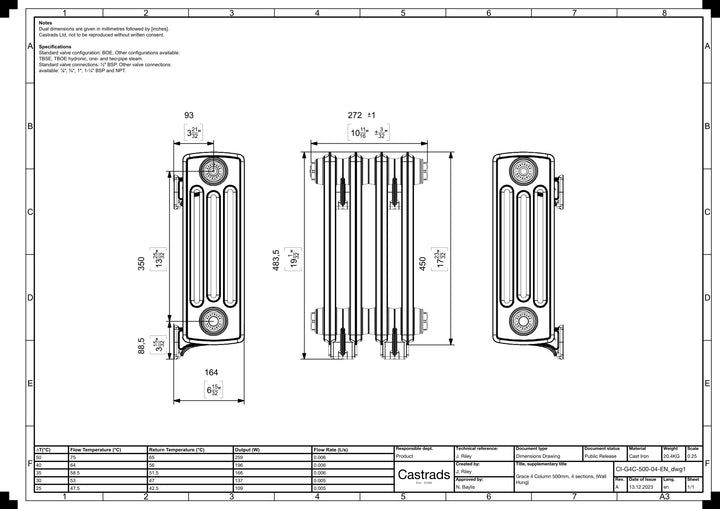 Grace - Anthracite Cast Iron Column Radiator H450mm x W272mm 4 Column - Wall Hung