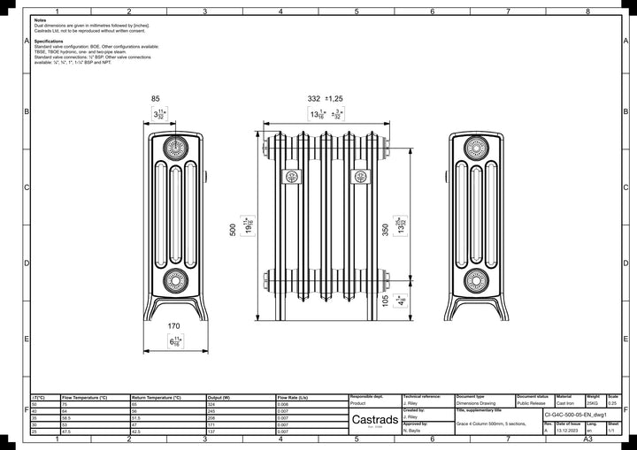 Grace - Anthracite Cast Iron Column Radiator H500mm x W333mm 4 Column - Floor Standing