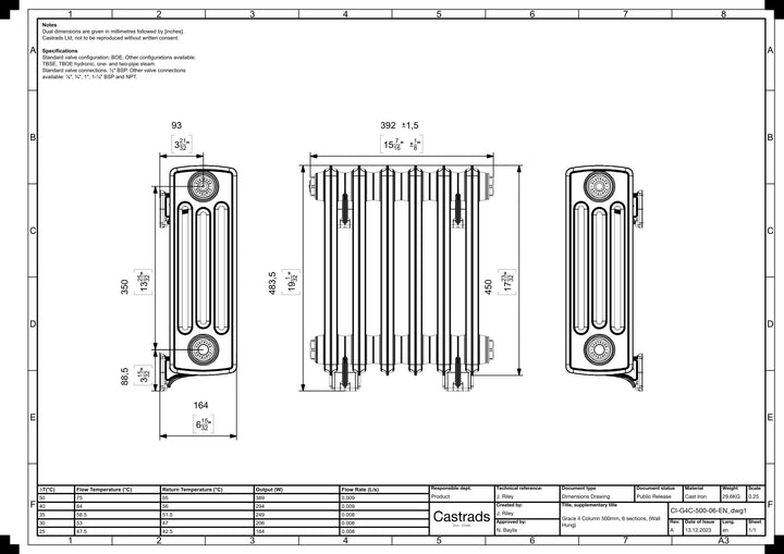 Grace - Anthracite Cast Iron Column Radiator H450mm x W393mm 4 Column - Wall Hung