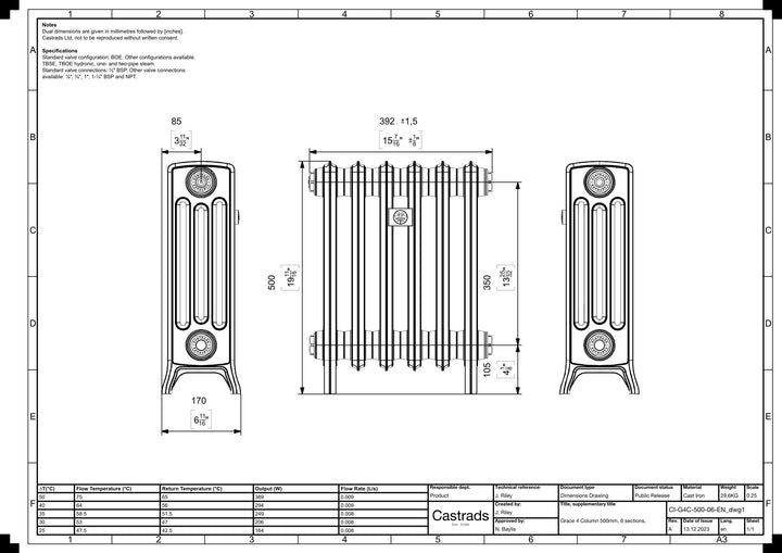 Grace - Anthracite Cast Iron Column Radiator H500mm x W393mm 4 Column - Floor Standing