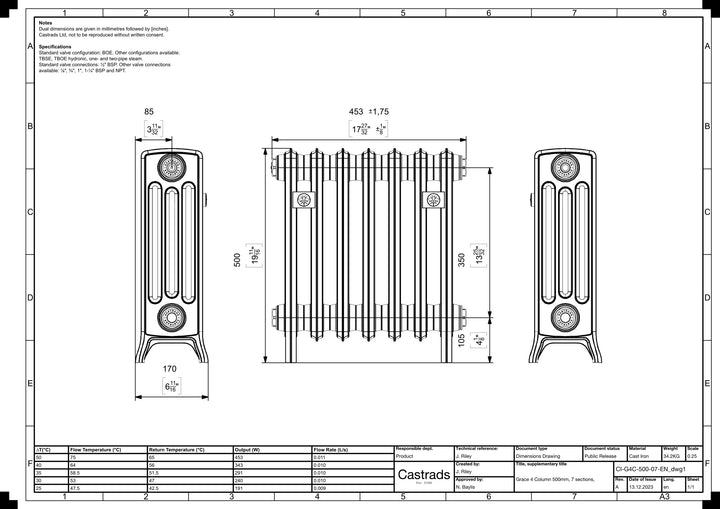Grace - Anthracite Cast Iron Column Radiator H500mm x W454mm 4 Column - Floor Standing