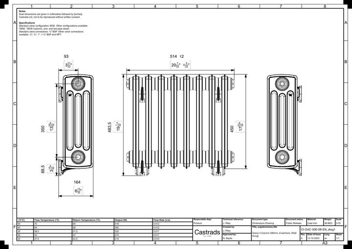 Grace - Anthracite Cast Iron Column Radiator H450mm x W514mm 4 Column - Wall Hung