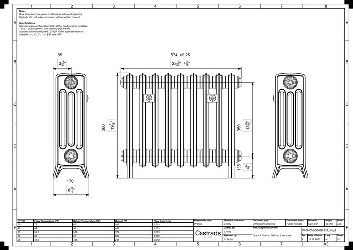 Grace - Anthracite Cast Iron Column Radiator H500mm x W575mm 4 Column - Floor Standing