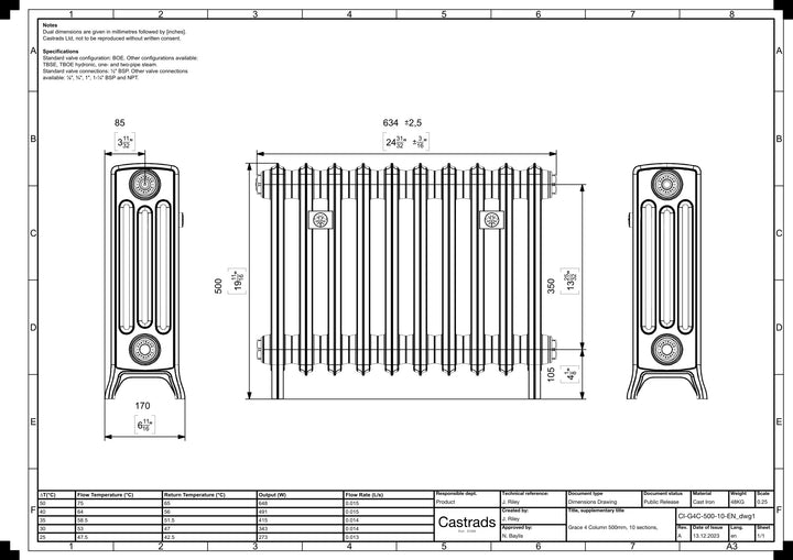 Grace - Anthracite Cast Iron Column Radiator H500mm x W635mm 4 Column - Floor Standing