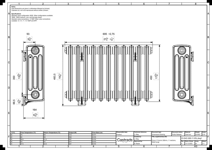 Grace - Anthracite Cast Iron Column Radiator H450mm x W696mm 4 Column - Wall Hung