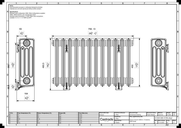 Grace - Anthracite Cast Iron Column Radiator H450mm x W756mm 4 Column - Wall Hung