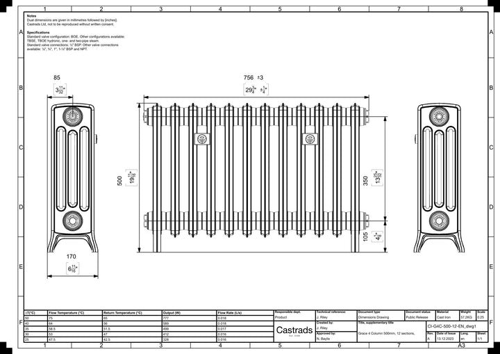 Grace - Ceramic White Cast Iron Column Radiator H500mm x W756mm 4 Column - Floor Standing