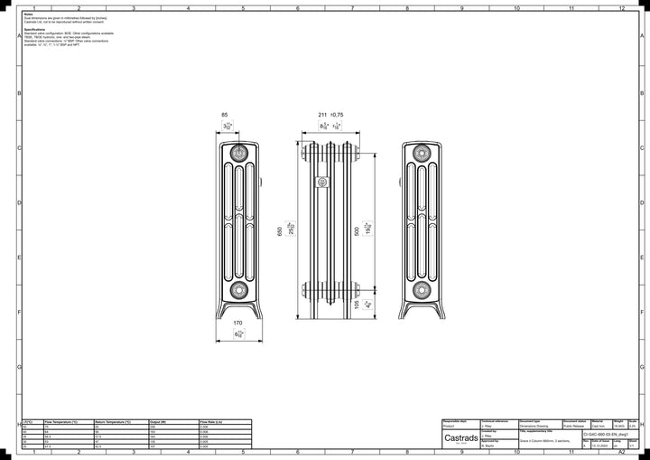 Grace - Anthracite Cast Iron Column Radiator H650mm x W212mm 4 Column - Floor Standing